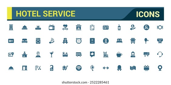 Icono de servicio del hotel colección. Símbolo de hospitalidad, habitación, servicio, reserva, conjunto de iconos rellenos, glifo para Web y ui. Conjunto de iconos sólidos. Ilustración vectorial.