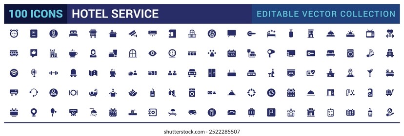 Hotel service icon collection. Hospitality symbol, room, service, booking, filled icons set, glyph for web and ui. Solid icon set. Vector illustration.