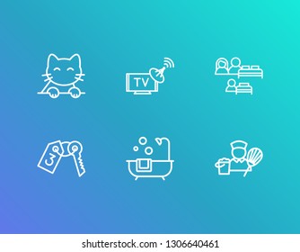 Hotel service icon set and bathroom with housekeeping, pet friendly and satellite tv. Bathtub related hotel service icon vector for web UI logo design.