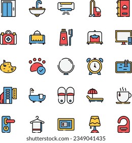 Hotel Service icon set in colored line style.clean, realx, hotel, hygiene, room, laundry, ,collection. Vector illustration.