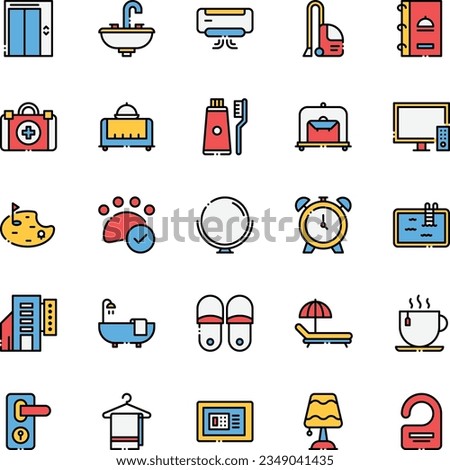 Hotel Service icon set in colored line style.clean, realx, hotel, hygiene, room, laundry, ,collection. Vector illustration.