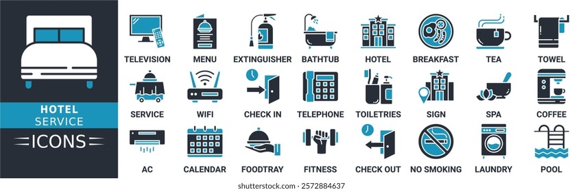 Hotel Service icon set. Containing service, lobby, receptionist, apartment, tourism and more. Solid vector icons collection