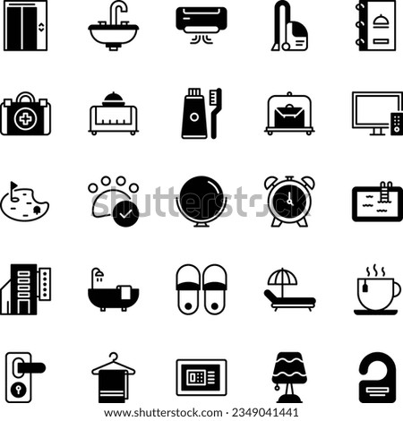 Hotel Service icon set in fill black style.clean, realx, hotel, hygiene, room, laundry, ,collection. Vector illustration.
