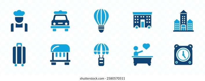 Hotel service icon set. Hospitality symbol, room, service, booking, facilities and more. Solid icons vector collection.