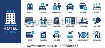 Hotel service icon set. Hospitality symbol, room, service, booking, facilities and more. Solid icons vector collection.