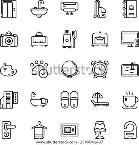 Hotel Service icon set in line style.clean, realx, hotel, hygiene, room, laundry, ,collection. Vector illustration.