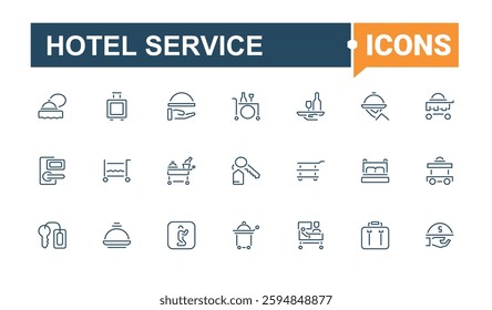 Hotel Service icon set. Related to service, room service, breakfast, suitcase, hotel, bed and more. Icon design. Minimalist editable vector stroke.