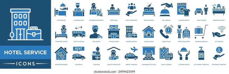 Hotel Service icon set. Room Service, Concierge Desk, Housekeeping Service, Front Desk, Guest Assistance, Room Cleaning and Bell Service