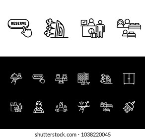 Hotel service icon set and spa with room service, wardrobe and check out. Reception related hotel service icon vector items for web UI logo design.