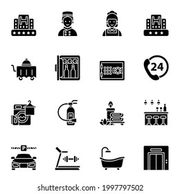 Hotel service icon set with white background. Black filled icon style.