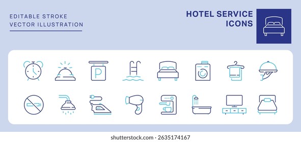 Ícones de serviço de hotel. Traço editável. Conjunto de coleção de símbolos de ícones de linha fina.	