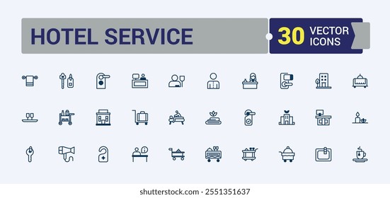 Iconos del servicio del hotel en estilo lineal. Contiene iconos tales como apartamento, desayuno, autobús, negocios, reserva, aire, alquiler y más. Iconos web simples. Línea sólida Ilustración vectorial editable.