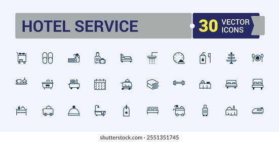 Iconos del servicio del hotel en estilo lineal. Contiene iconos tales como apartamento, desayuno, autobús, negocios, reserva, aire, alquiler y más. Iconos web simples. Línea sólida Ilustración vectorial editable.