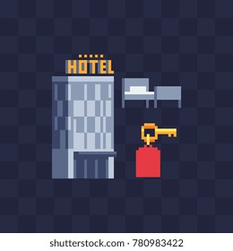 Hotel service icons. Pixel art style. Room key, bed and hotel building. Isolated  abstract vector illustration. 
