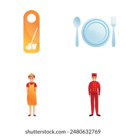 Hotel service icons set cartoon vector. Hotel service staff. Service sector, tourism