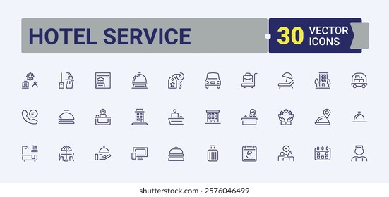 Hotel Service icons set. It contains symbols to web, spa, fast, excursions, bath, house rent and more. Symbol. Editable stroke. Vector illustration.