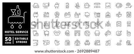 Hotel service icons set. editable line icons for amenities, hospitality, and travel