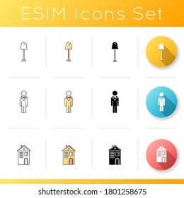 Hotel service icons set. Floor lamp. House for comfort living. Concierge service. Building for dwelling. Real estate. Linear, black and RGB color styles. Isolated vector illustrations