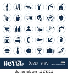 Hotel and service icons set. Hand drawn sketch illustration isolated on white background