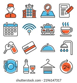 Hotel Service Icons Set on White Background. Vector