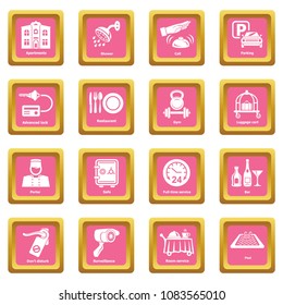 Hotel service icons set vector pink square isolated on white background 