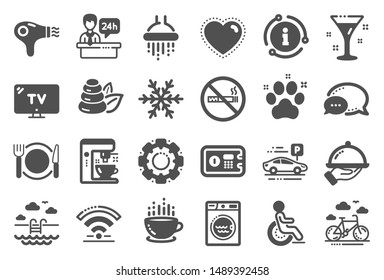 Hotel service icons. Wi-Fi, Air conditioning and Coffee maker machine. Spa stones, swimming pool and bike rental icons. Hotel parking, safe and shower. Food, coffee cup. Quality set. Vector