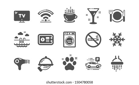 Hotel service icons. Wi-Fi, Air conditioning and Washing machine. Pets, swimming pool and hotel parking icons. Classic set. Quality set. Vector