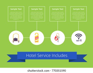 Hotel service includes written on blue ribbon and icons of cart with baggage, do not disturb card, keys and wifi sign vector illustration