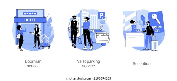 Hotel service isolated cartoon vector illustrations set. Smiling doorman welcoming guest, valet parking worker gets keys from clients car, receptionist provide information to people vector cartoon.