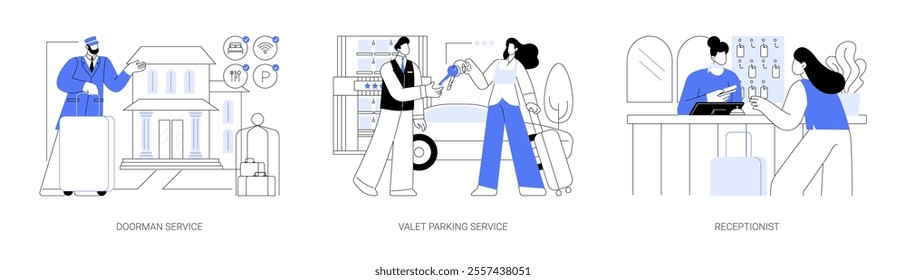 Hotel service isolated cartoon vector illustrations set. Smiling doorman welcoming guest, valet parking worker gets keys from clients car, receptionist provide information to people vector cartoon.