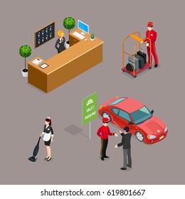 Hotel service isometric icons set with taxi driver visitor cleaner reception manager figurines isolated vector illustration 