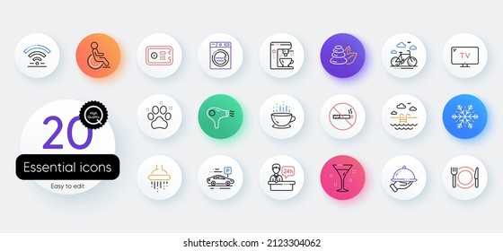 Iconos de la línea de servicio del hotel. Elementos web de esquema de color. Wi-Fi, aire acondicionado y cafetera. piedras de spa, piscina e iconos de alquiler de bicicletas. Aparcamiento, caja fuerte y ducha. Vector