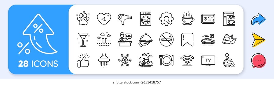 Hotel service line icons. Interest rate, AI generate, Inflation icons. Wi-Fi, Air conditioning and Coffee maker machine. Spa stones, swimming pool and bike rental icons. Vector