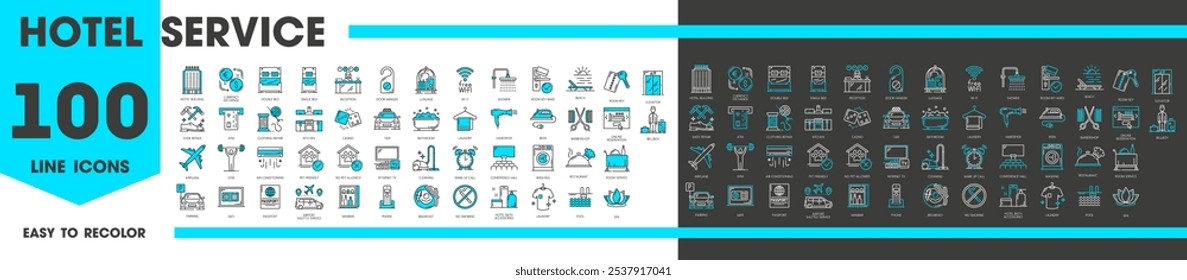 Hotel service line icons of room amenities and facilities for guest hosting and booking, vector pictograms. Hotel or apartment accommodation service icons of hotel amenities for web or app symbols