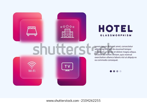 Hotel service line icons.\
Hotel services icon. Vector. Amenities, Hotel room. Glassmorphism\
style.