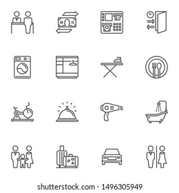 Hotel service line icons set. linear style symbols collection, outline signs pack. vector graphics. Set includes icons as laundromat, reception, restaurant, gym, shower, toilet, food tray, family room
