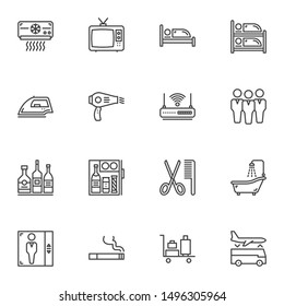 Hotel service line icons set. linear style symbols collection, outline signs pack. vector graphics. Set includes icons as air conditioner, tv, bed, iron, hair dryer, wifi, alcoholic bar, elevator