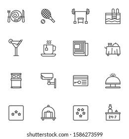 Hotel service line icons set. linear style symbols collection, outline signs pack. vector graphics. Set includes icons as swimming pool, bar drinks, restaurant food tray, reception bell, baggage cart