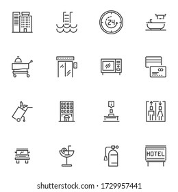 Hotel service line icons set, outline vector symbol collection, linear style pictogram pack. Signs logo illustration. Set includes icons as hotel building, reception, restaurant food, elevator, toilet