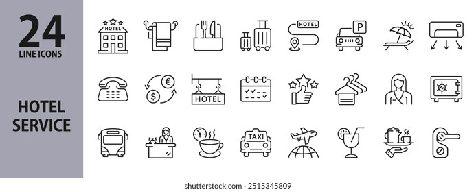 Hotel Service line icons set with Room, Reception, Airport, Taxi, Safe, Conditioner and more. Editable Stroke