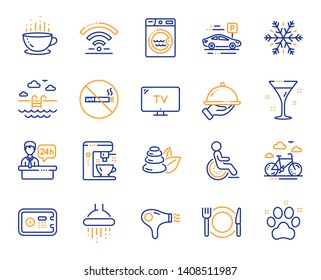 Hotel service line icons. Wi-Fi, Air conditioning and Coffee maker machine. Spa stones, swimming pool and bike rental icons. Hotel parking, safe and shower. Food, coffee cup. Vector