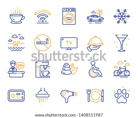 Hotel service line icons. Wi-Fi, Air conditioning and Coffee maker machine. Spa stones, swimming pool and bike rental icons. Hotel parking, safe and shower. Food, coffee cup. Vector