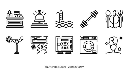 Hotel service line outline icon set. Reception desk, lobby, bell, swimming pool, gym, restaurant, bar, conditioner, safe, laundry, spa. Vector hand drawn, not AI  illustration in black color