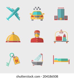 Hotel and service modern flat icons set with - hotel building, service bell, bed, luggage, porter, room key, taxi cab, airplane, bathroom with shower.