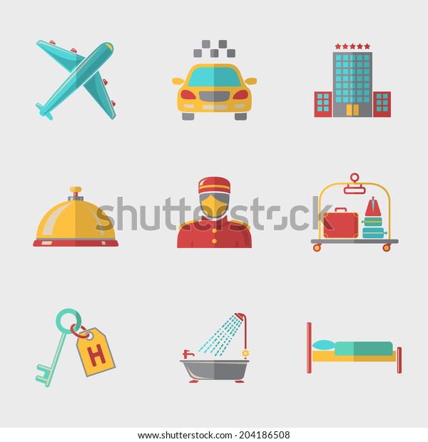 Hotel and service modern flat icons set with\
- hotel building, service bell, bed, luggage, porter, room key,\
taxi cab, airplane, bathroom with\
shower.
