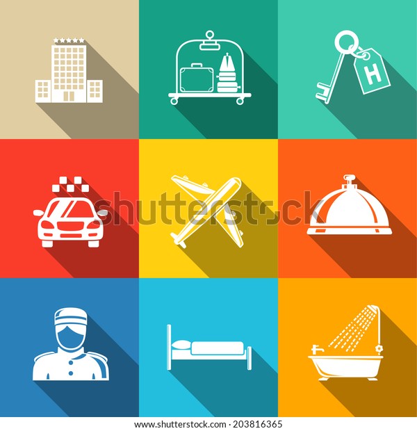 Hotel and service\
modern white flat icons on color squares set with - hotel building,\
service bell, bed, luggage, porter, room key, taxi cab, airplane,\
bathroom with shower.