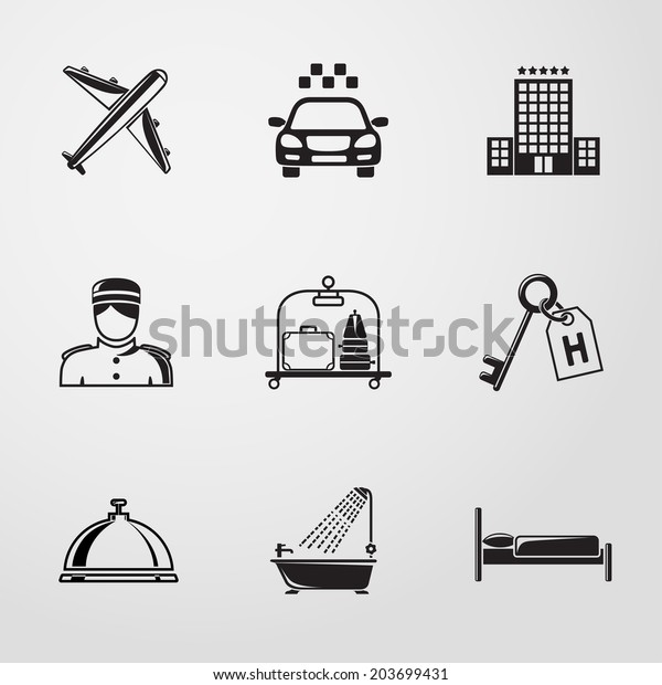 Hotel and service monochrome black
icons set with - hotel building, service bell, bed, luggage,
porter, room key, taxi cab, airplane, bathroom with
shower.