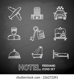 Hotel and service monochrome painted on black chalkboard icons set with - hotel building, service bell, bed, luggage, porter, room key, taxi cab, airplane, bathroom with shower.