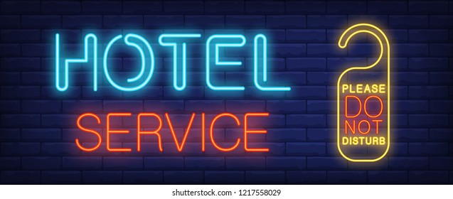 Hotel service neon sign. Glowing inscription with do not disturb sign for door in hotel. Can be used for advertisement, hotels, hotel services