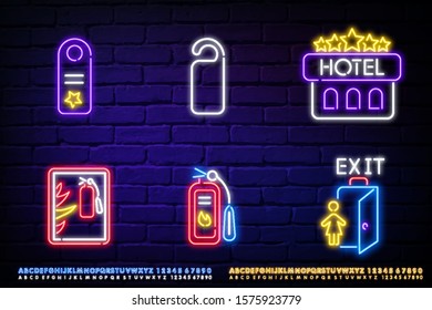 Hotel Service Neon Sign Set. Sign On The Door, Fire Extinguisher, Evacuation Plan. 